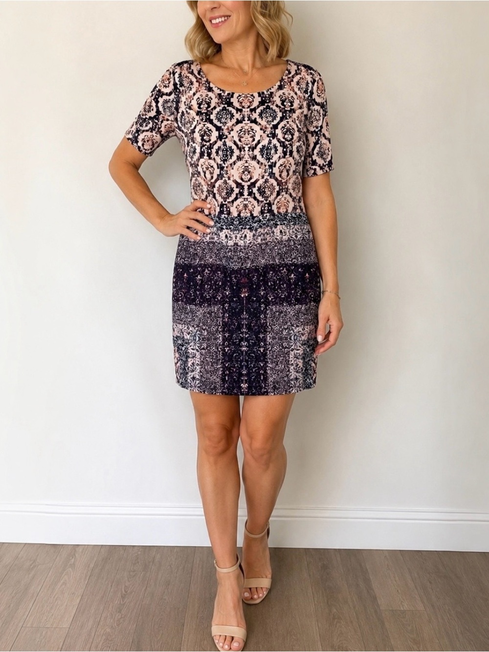 ANTONIO MELANI Floral Mosaic Print Short Sleeve Dress in Blush and Navy